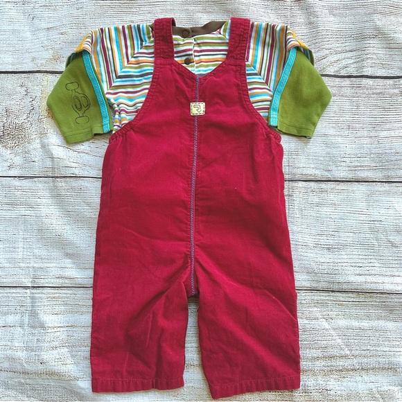 Rabbit Moon Maroon Race Car Overalls Yellow Green Striped Top Boy’s 6-9M - Picture 5 of 5